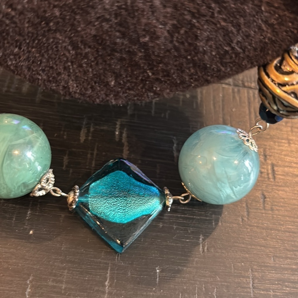 Blue Dichroic Glass Acrylic Stone Silver Beaded Long Enamel Beaded Necklace​ - Picture 3 of 8
